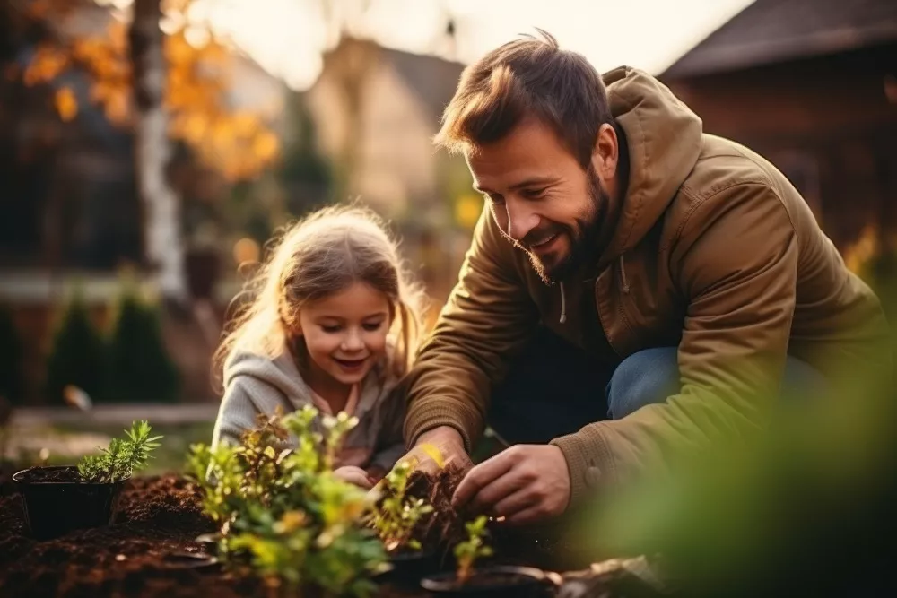 De foto toont een man en een jong meisje die samen in een tuin bezig zijn met het planten van kleine plantjes. De man draagt een bruine jas en heeft kort haar en een baard. Het meisje heeft lang blond haar en draagt een lichte trui. Ze lijken beiden plezier te hebben en lachen terwijl ze in de aarde werken. De achtergrond is onscherp, maar het lijkt een zonnige dag te zijn met herfstkleuren in de bomen.