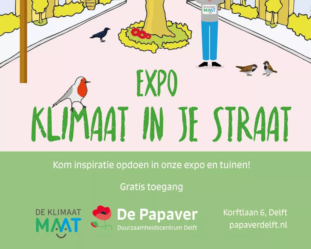 De afbeelding toont een poster met de titel 'Expo Klimaat in je straat'. Er is een illustratie van een straat met bomen en een persoon die een bord omhoog houdt. Onderaan de poster staat: 