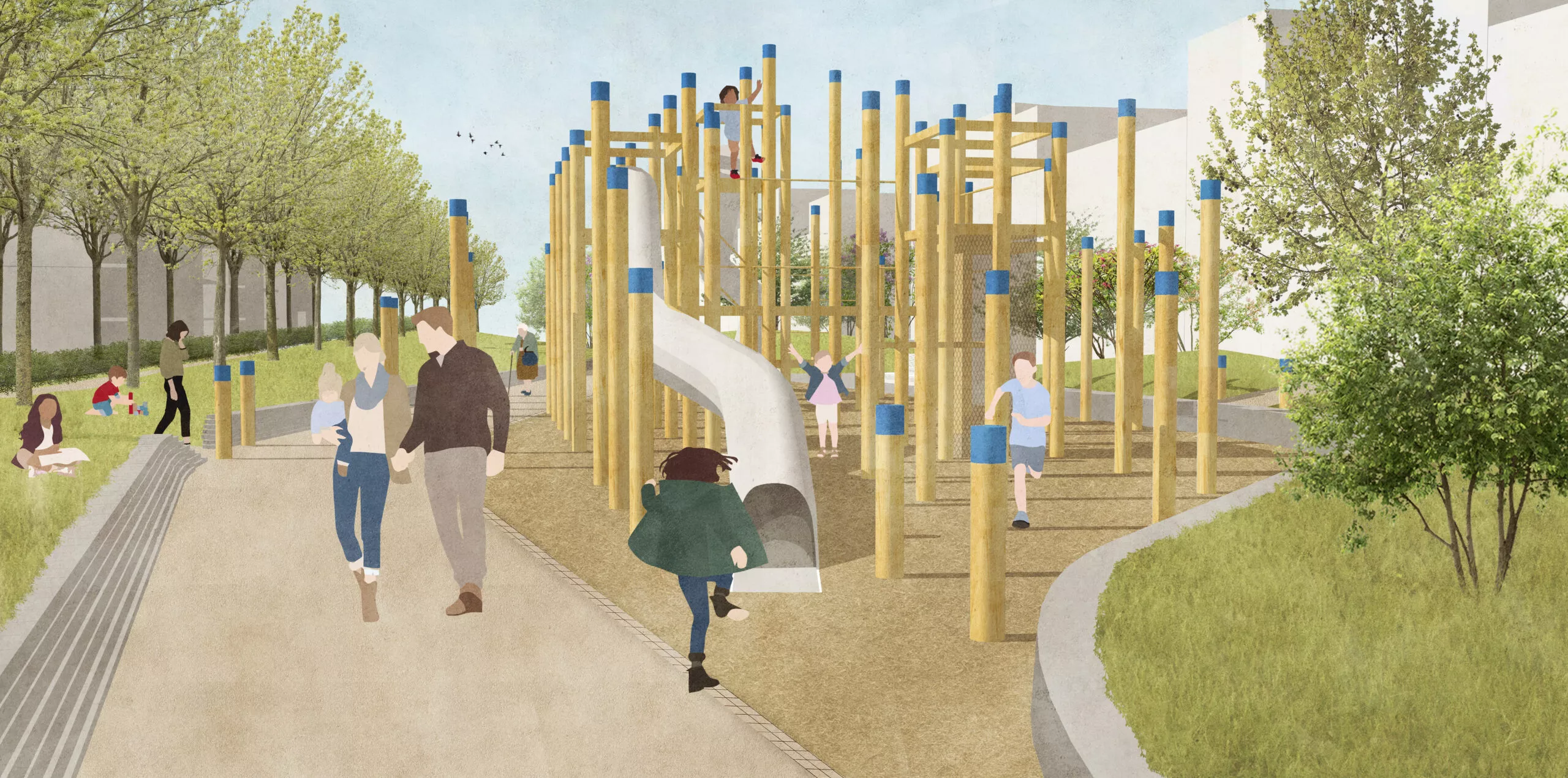 Een speeltuin met verschillende houten structuren en blauwe accenten. Er zijn kinderen die spelen op een glijbaan en klimmen op de houten constructies. Op de voorgrond lopen mensen over een pad, en er zijn bomen aan de linkerkant van het pad. Het lijkt een zonnige dag te zijn met mensen die genieten van de buitenruimte.